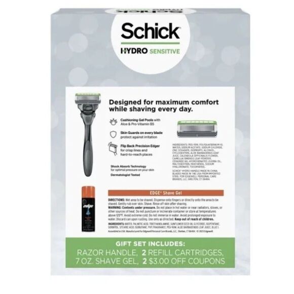 Schick Hydro Sensitive Shave Mens Gift Set-Razor Handle, Refill Cartridges,Gel - Picture 2 of 8